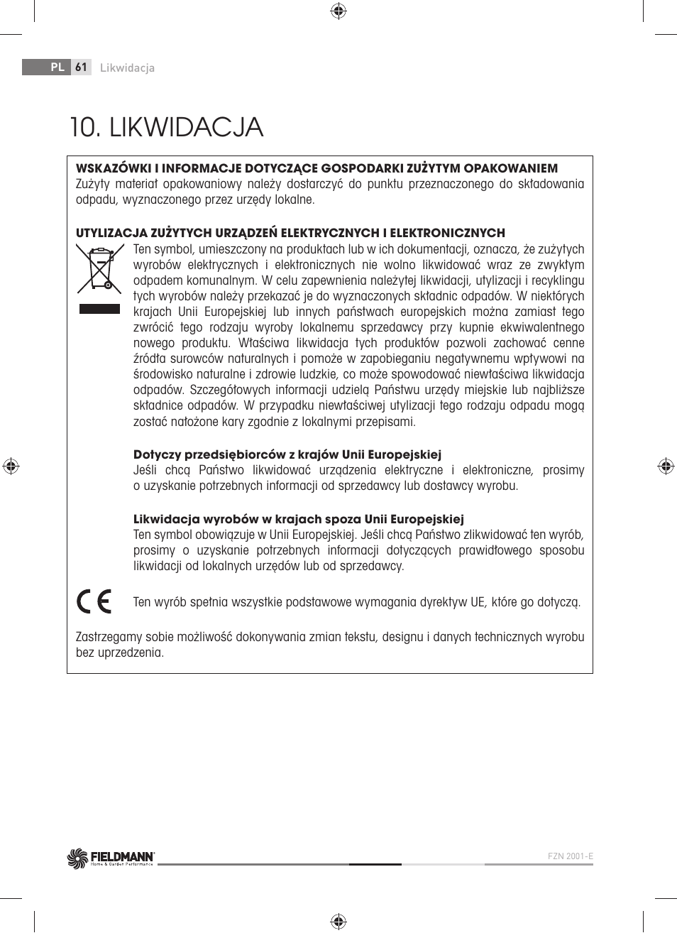 Likwidacja | Fieldmann FZN 2001-E User Manual | Page 62 / 92