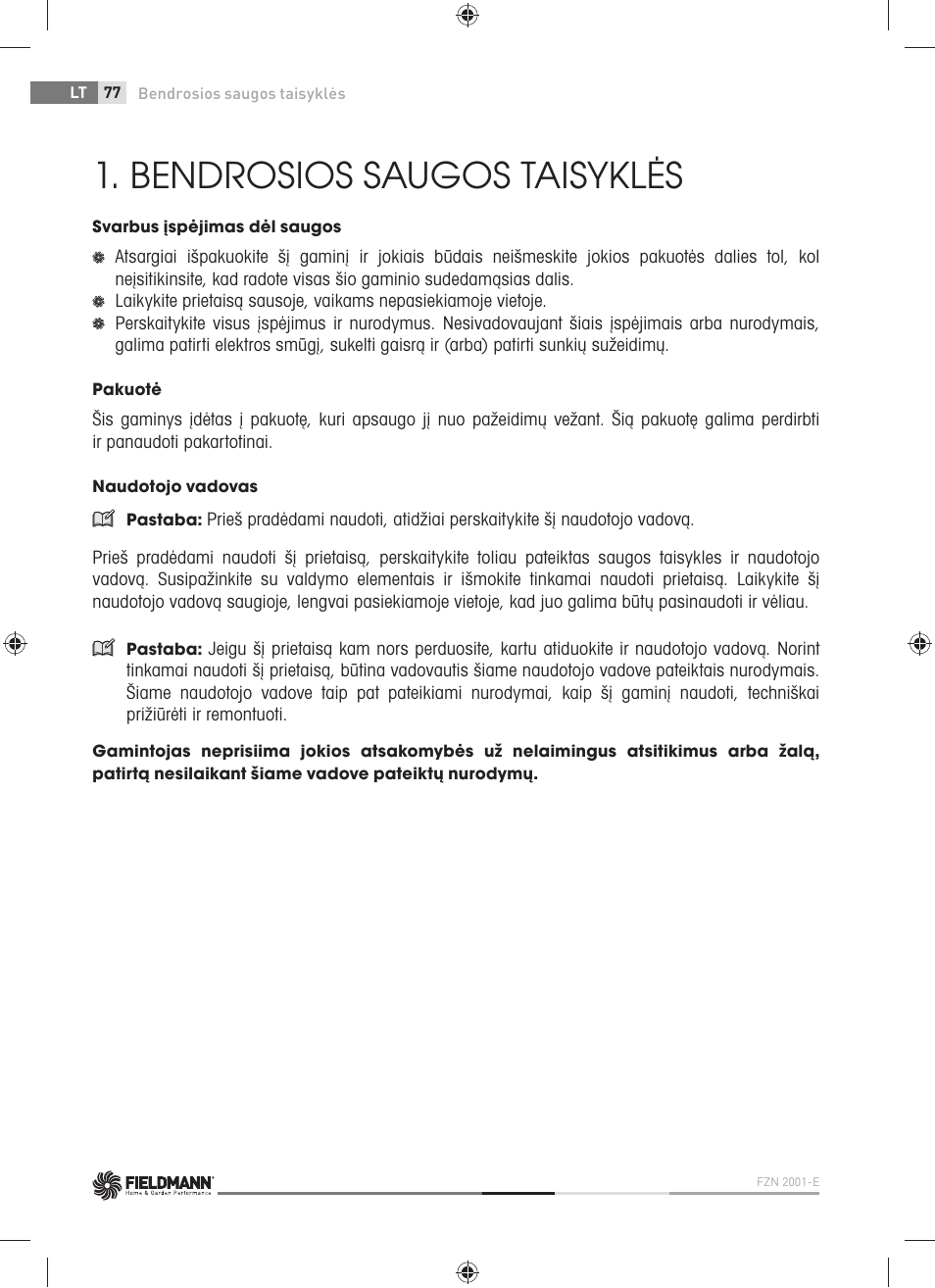 Bendrosios saugos taisyklės | Fieldmann FZN 2001-E User Manual | Page 78 / 92