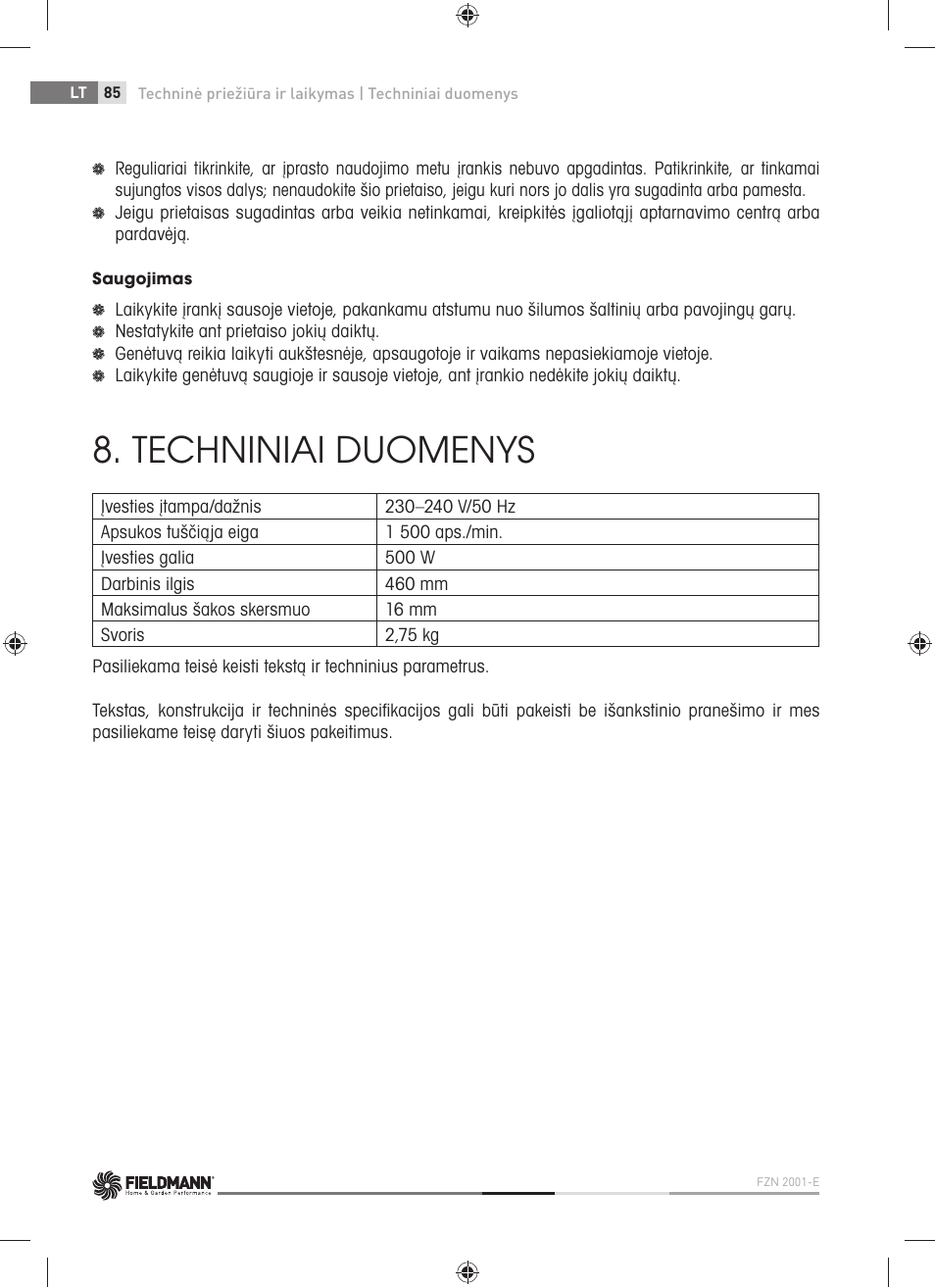 Techniniai duomenys | Fieldmann FZN 2001-E User Manual | Page 86 / 92