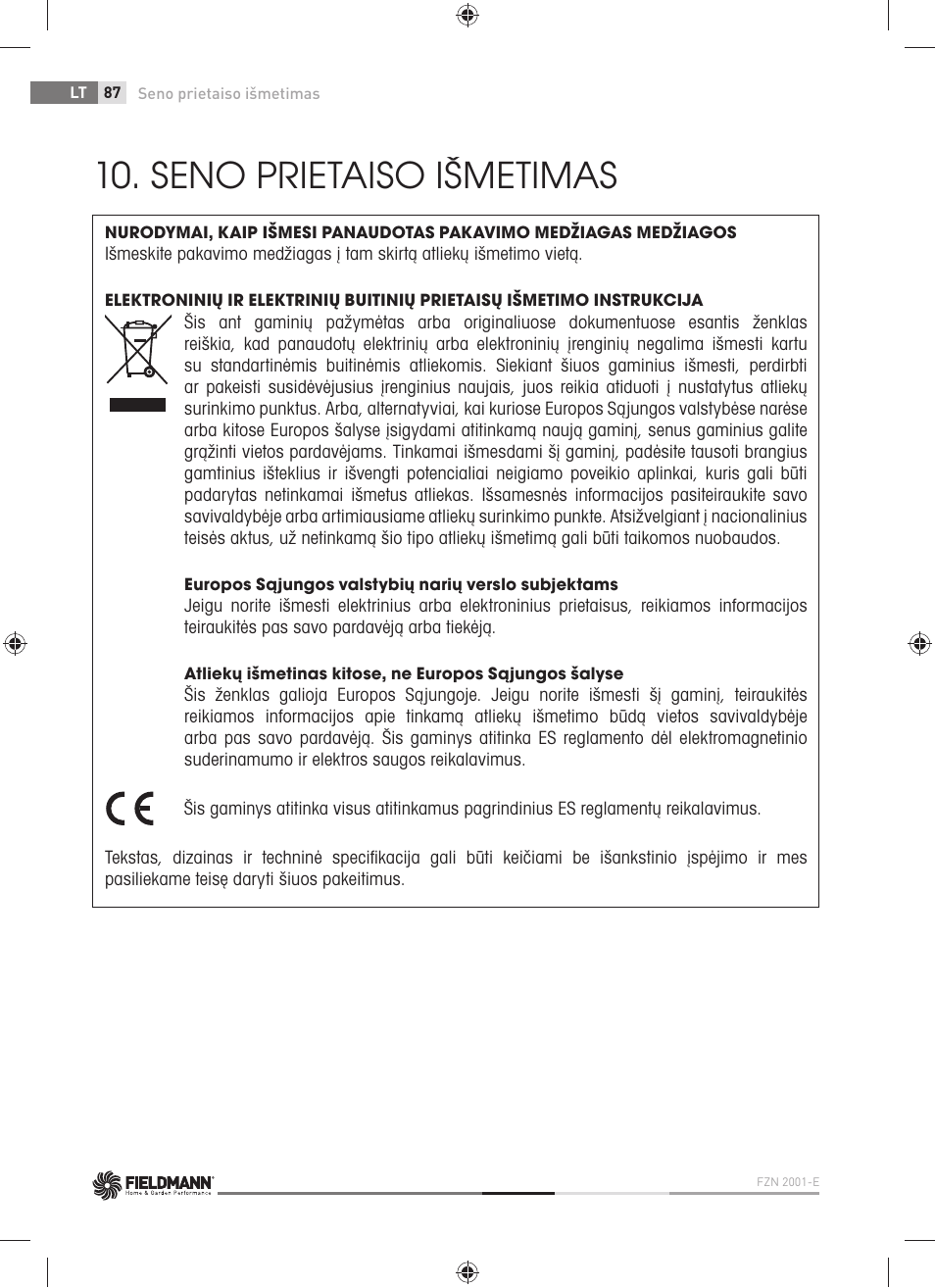 Seno prietaiso išmetimas | Fieldmann FZN 2001-E User Manual | Page 88 / 92