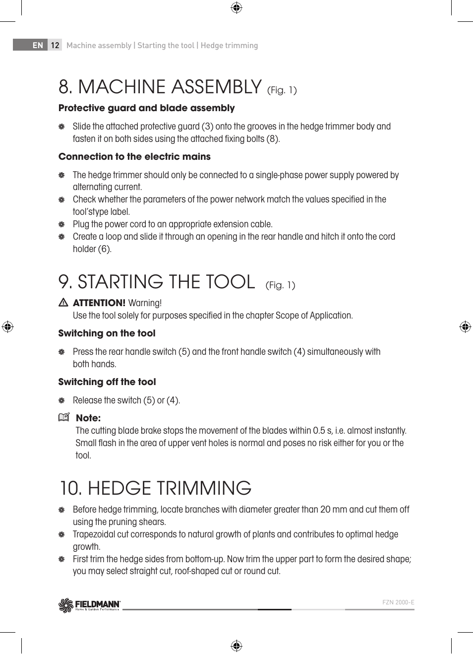 Machine assembly, Starting the tool, Hedge trimming | Fieldmann FZN 2000-E User Manual | Page 12 / 76