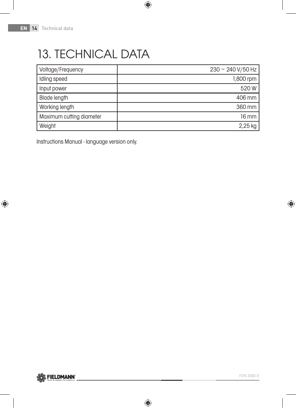 Technical data | Fieldmann FZN 2000-E User Manual | Page 14 / 76