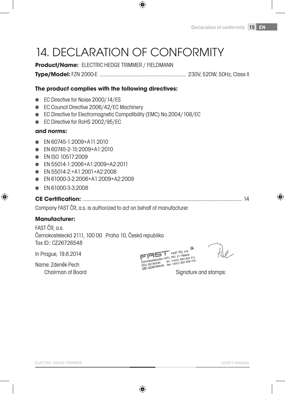 Declaration of conformity | Fieldmann FZN 2000-E User Manual | Page 15 / 76