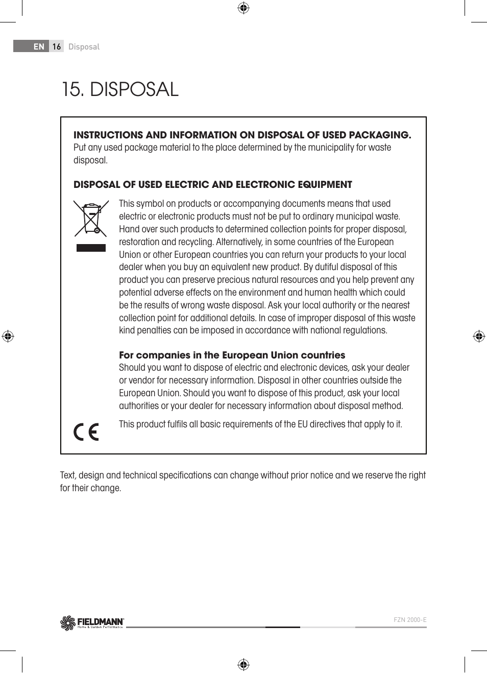 Disposal | Fieldmann FZN 2000-E User Manual | Page 16 / 76