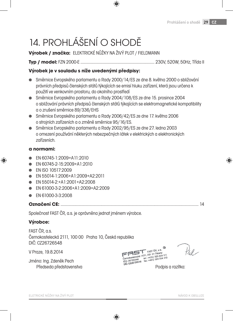 Prohlášení o shodě | Fieldmann FZN 2000-E User Manual | Page 29 / 76