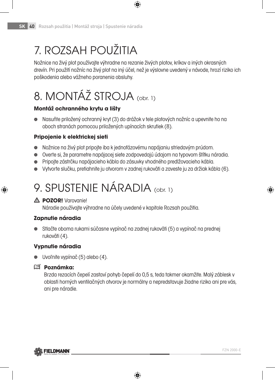 Rozsah použitia, Montáž stroja, Spustenie náradia | Fieldmann FZN 2000-E User Manual | Page 40 / 76