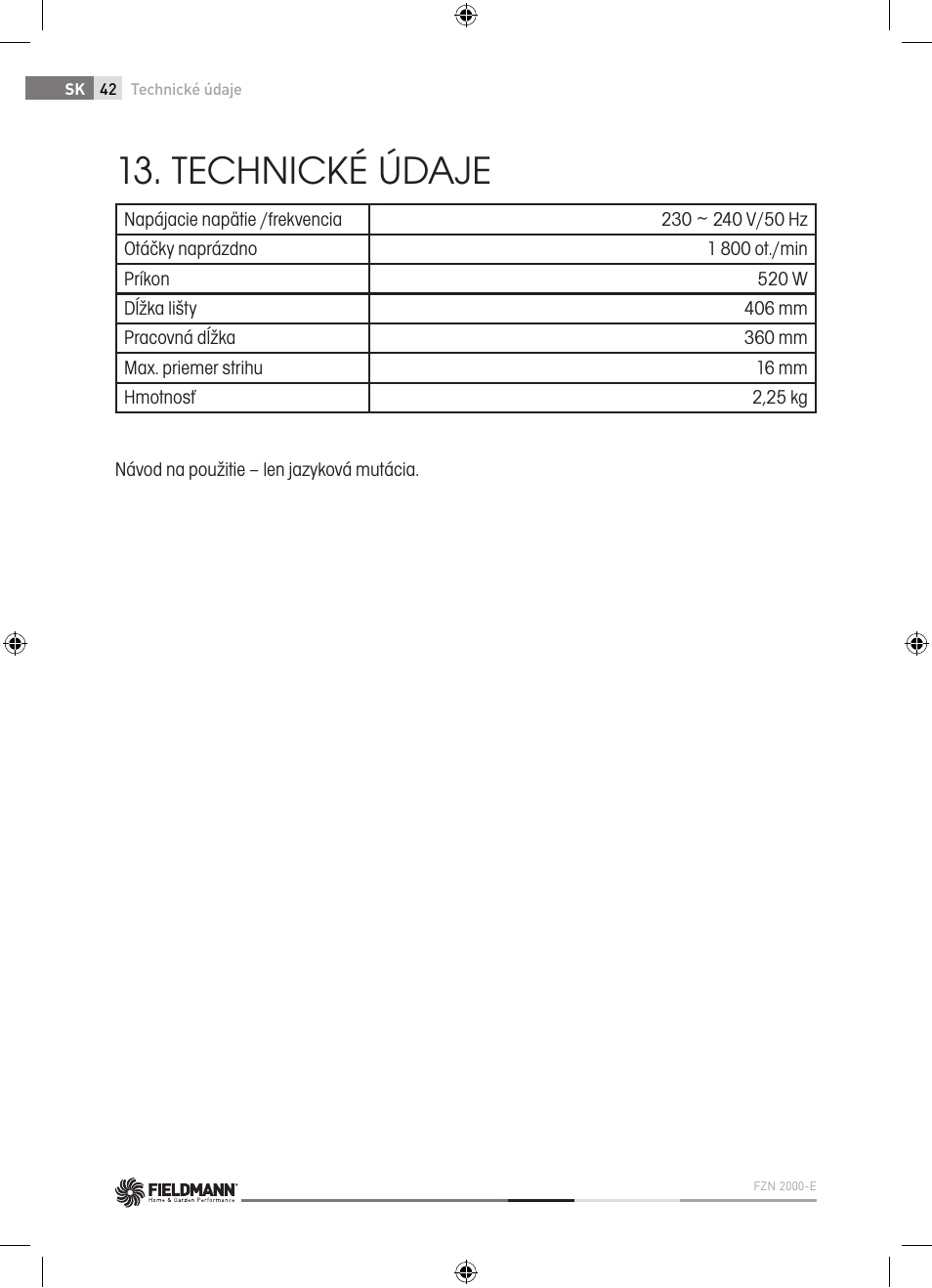 Technické údaje | Fieldmann FZN 2000-E User Manual | Page 42 / 76