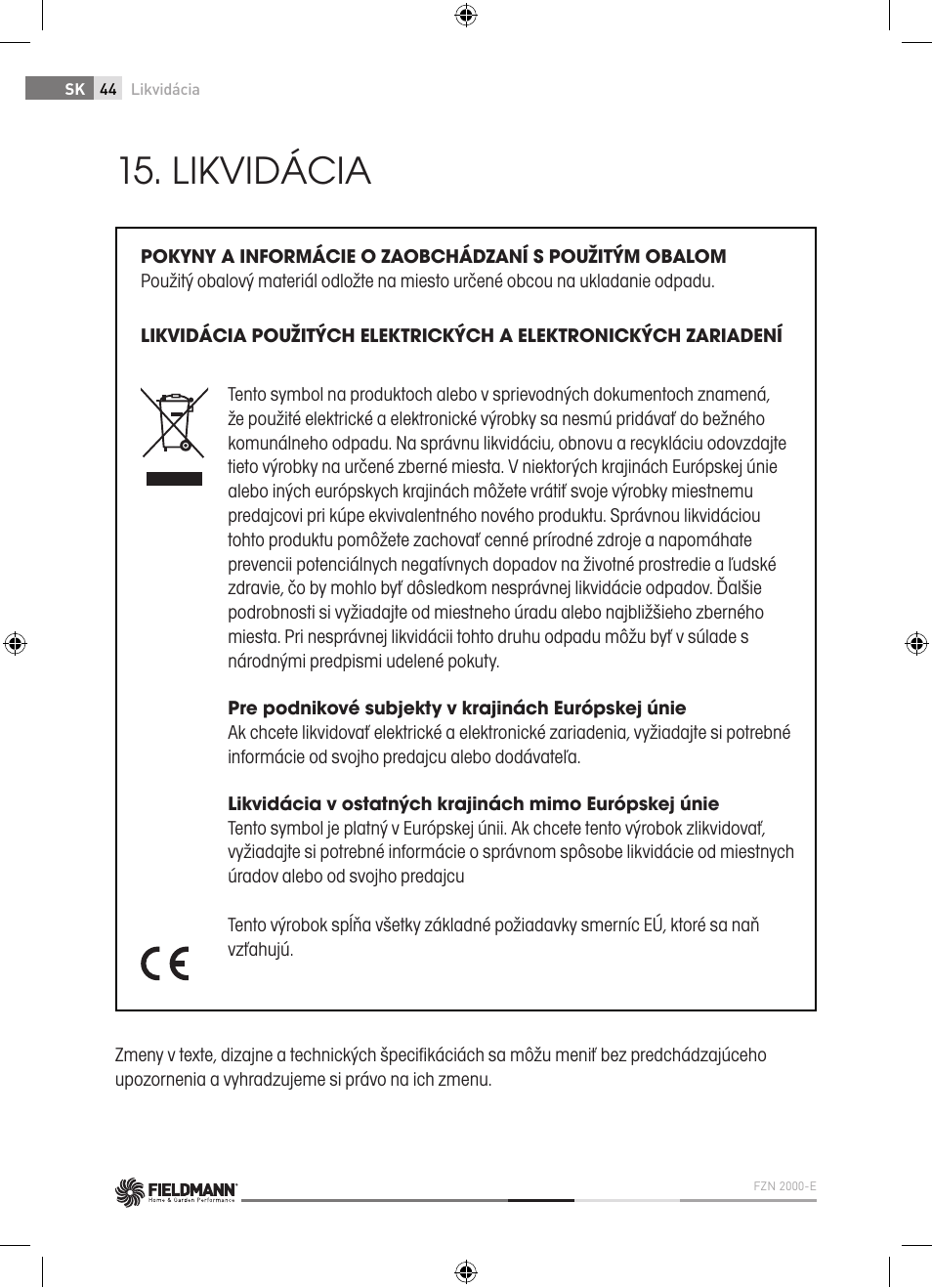 Likvidácia | Fieldmann FZN 2000-E User Manual | Page 44 / 76