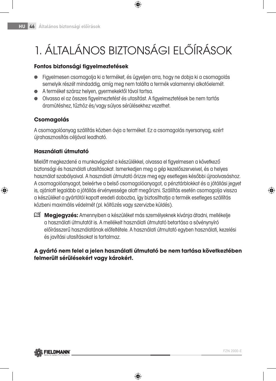 Általános biztonsági előírások | Fieldmann FZN 2000-E User Manual | Page 46 / 76