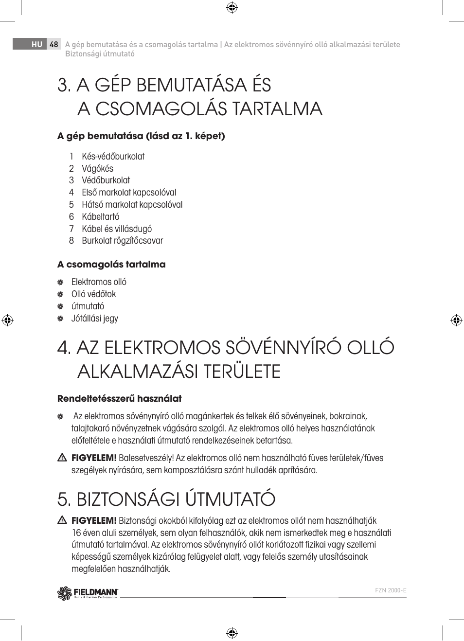 A gép bemutatása és a csomagolás tartalma, Az elektromos sövénnyíró olló alkalmazási területe, Biztonsági útmutató | Fieldmann FZN 2000-E User Manual | Page 48 / 76