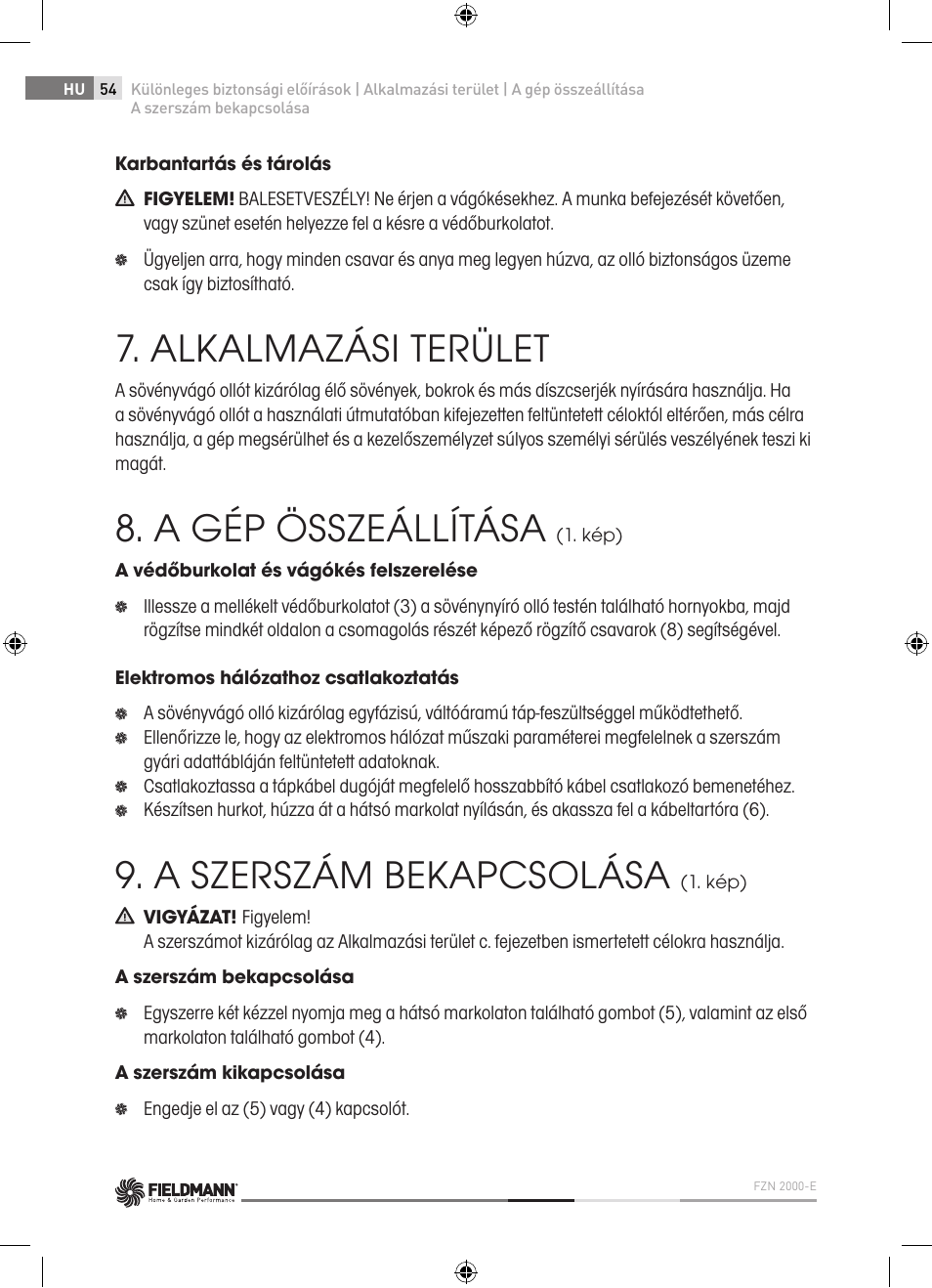 Alkalmazási terület, A gép összeállítása, A szerszám bekapcsolása | Fieldmann FZN 2000-E User Manual | Page 54 / 76