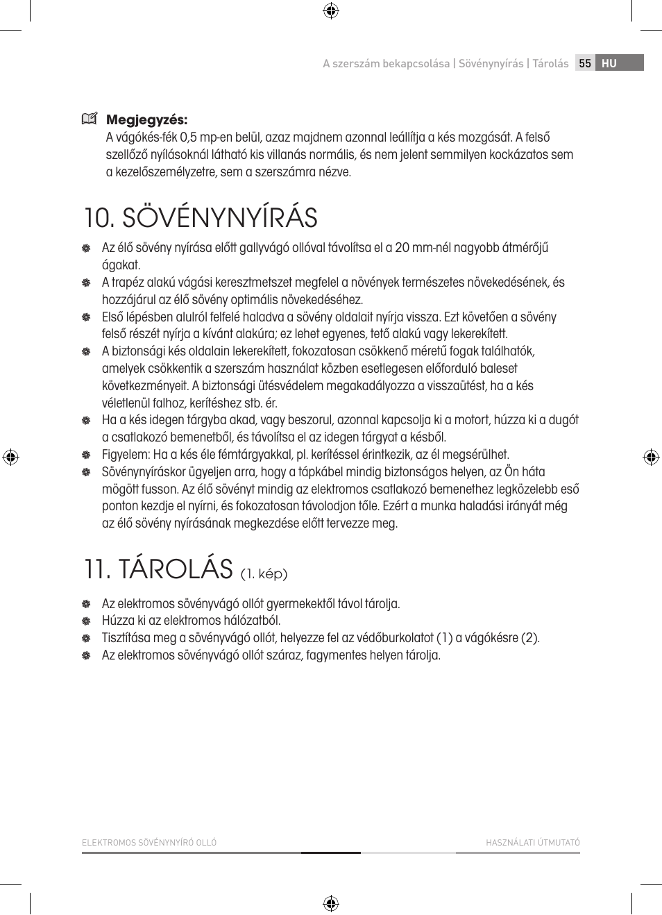 Sövénynyírás, Tárolás | Fieldmann FZN 2000-E User Manual | Page 55 / 76