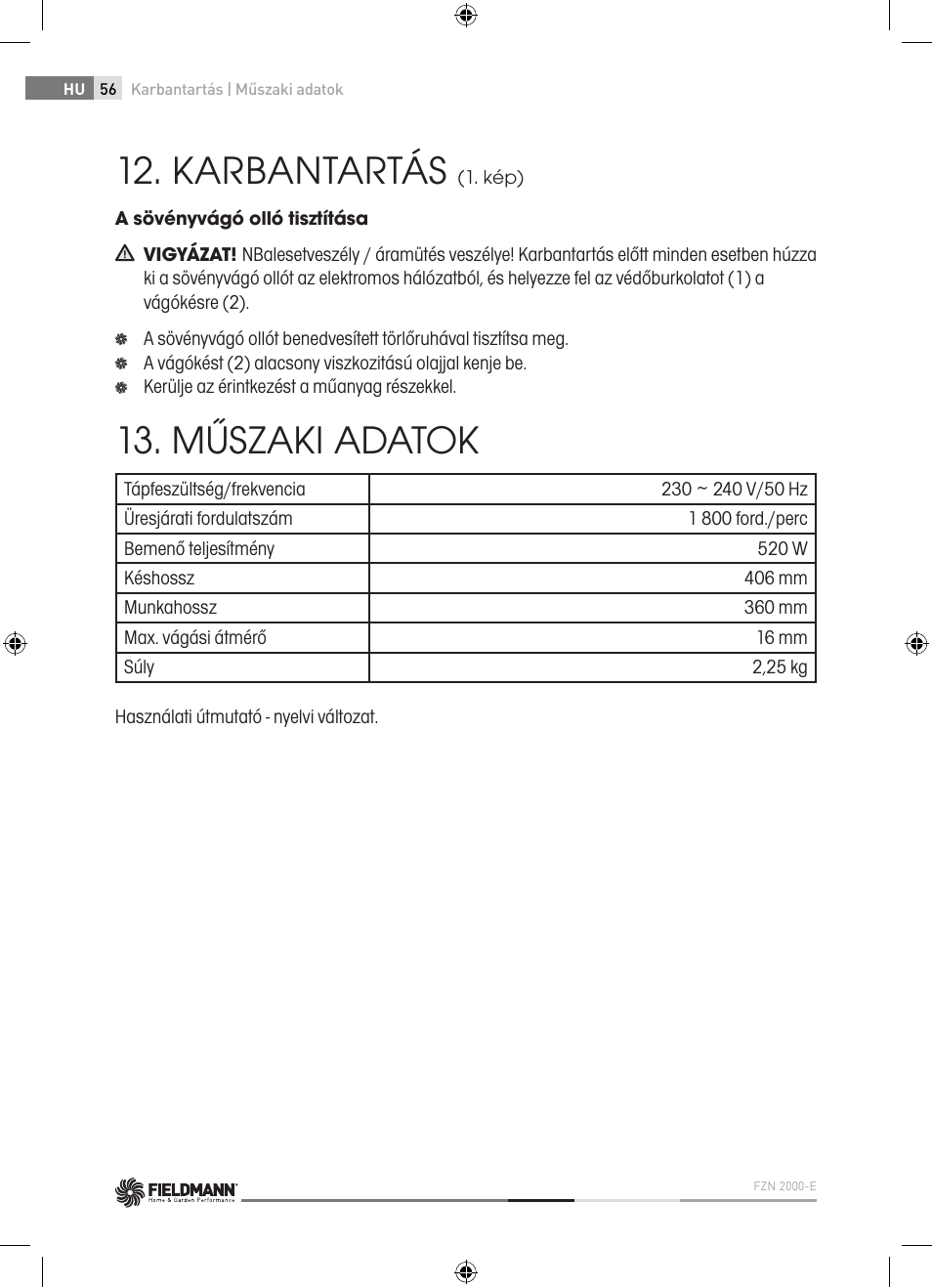 Karbantartás, Műszaki adatok | Fieldmann FZN 2000-E User Manual | Page 56 / 76