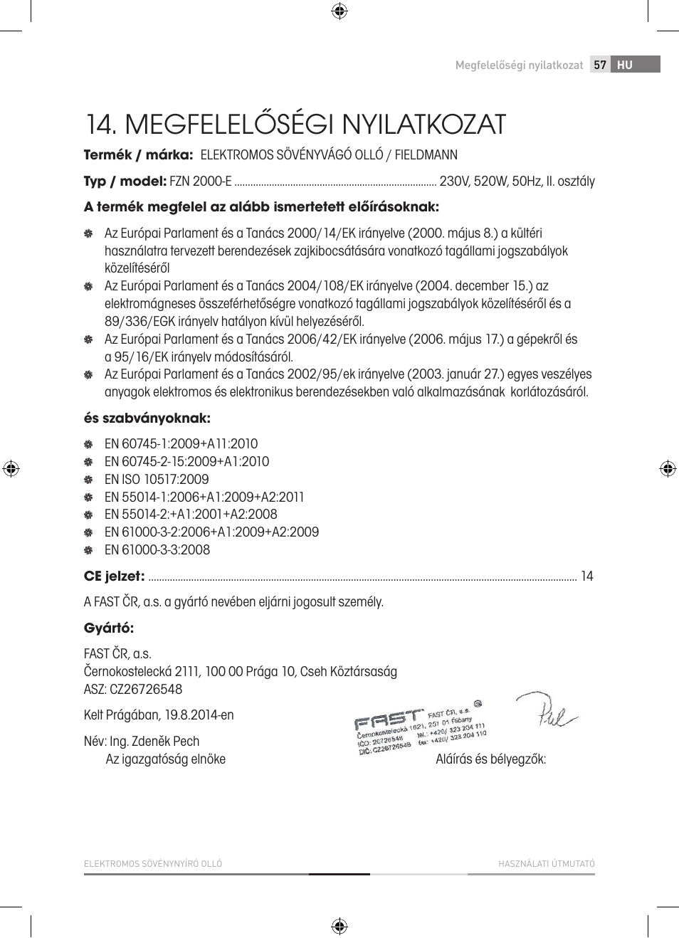 Megfelelőségi nyilatkozat | Fieldmann FZN 2000-E User Manual | Page 57 / 76
