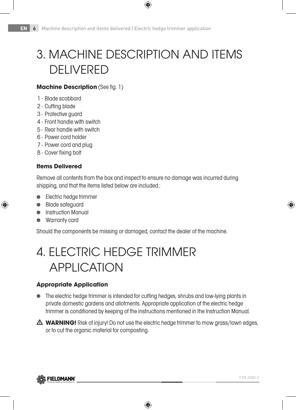 Machine description and items delivered, Electric hedge trimmer application | Fieldmann FZN 2000-E User Manual | Page 6 / 76