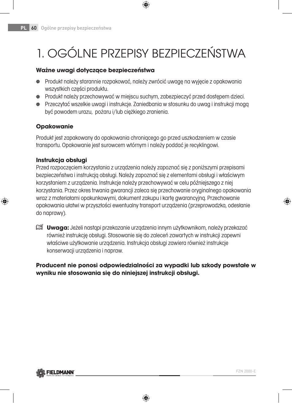 Ogólne przepisy bezpieczeństwa | Fieldmann FZN 2000-E User Manual | Page 60 / 76