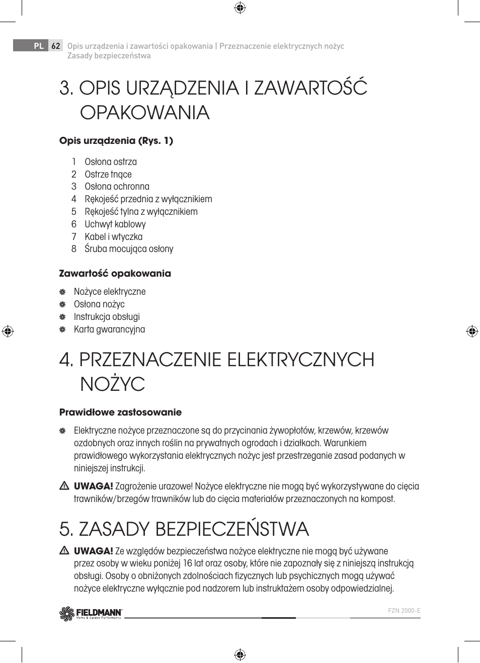 Opis urządzenia i zawartość opakowania, Przeznaczenie elektrycznych nożyc, Zasady bezpieczeństwa | Fieldmann FZN 2000-E User Manual | Page 62 / 76