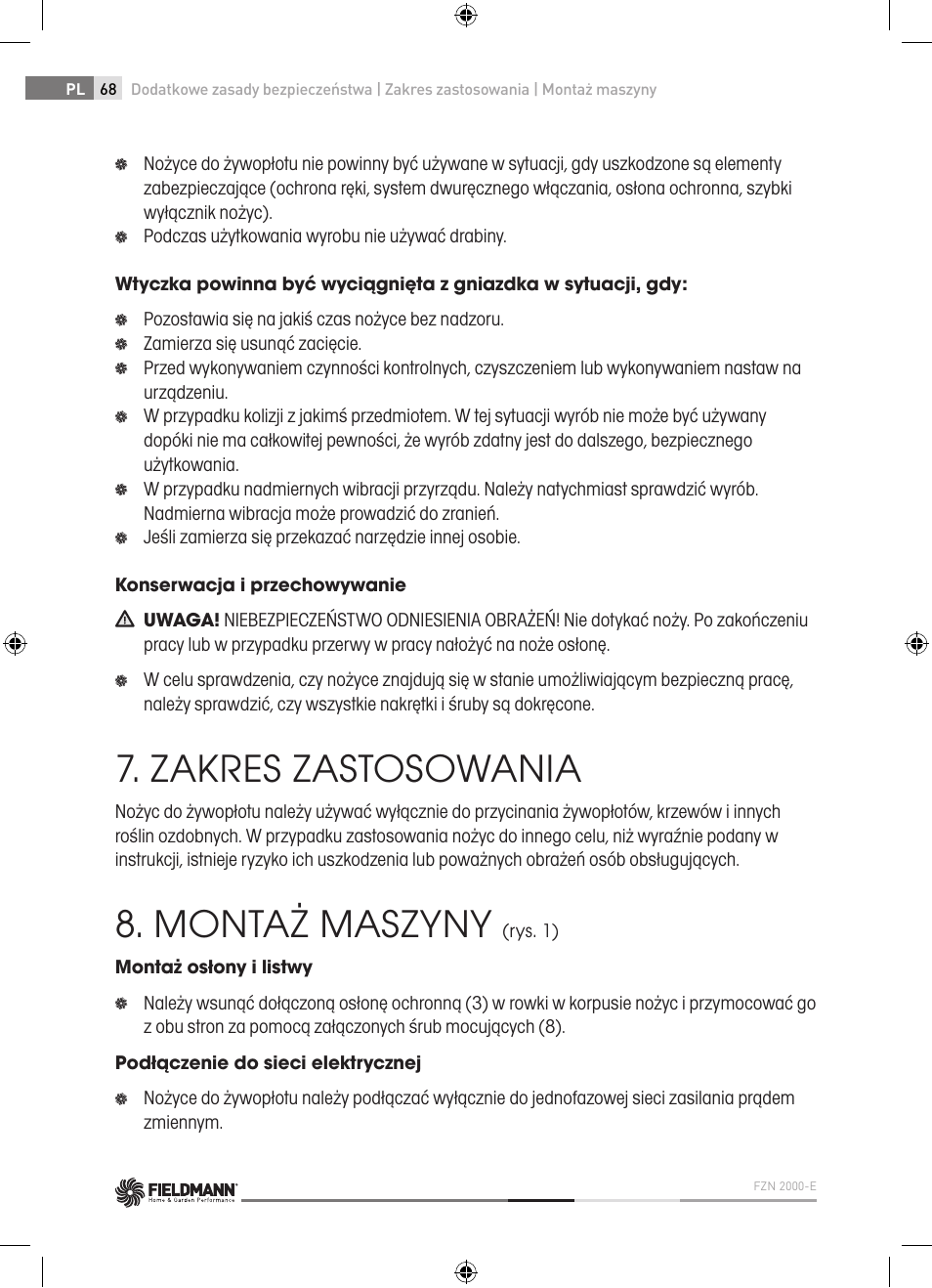 Zakres zastosowania, Montaż maszyny | Fieldmann FZN 2000-E User Manual | Page 68 / 76