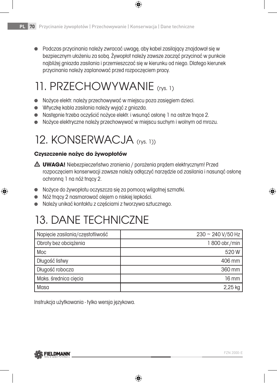 Przechowywanie, Konserwacja, Dane techniczne | Fieldmann FZN 2000-E User Manual | Page 70 / 76