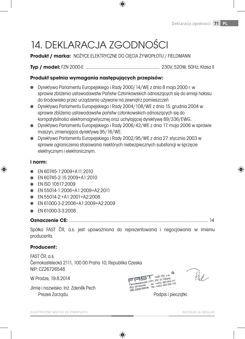 Deklaracja zgodności | Fieldmann FZN 2000-E User Manual | Page 71 / 76