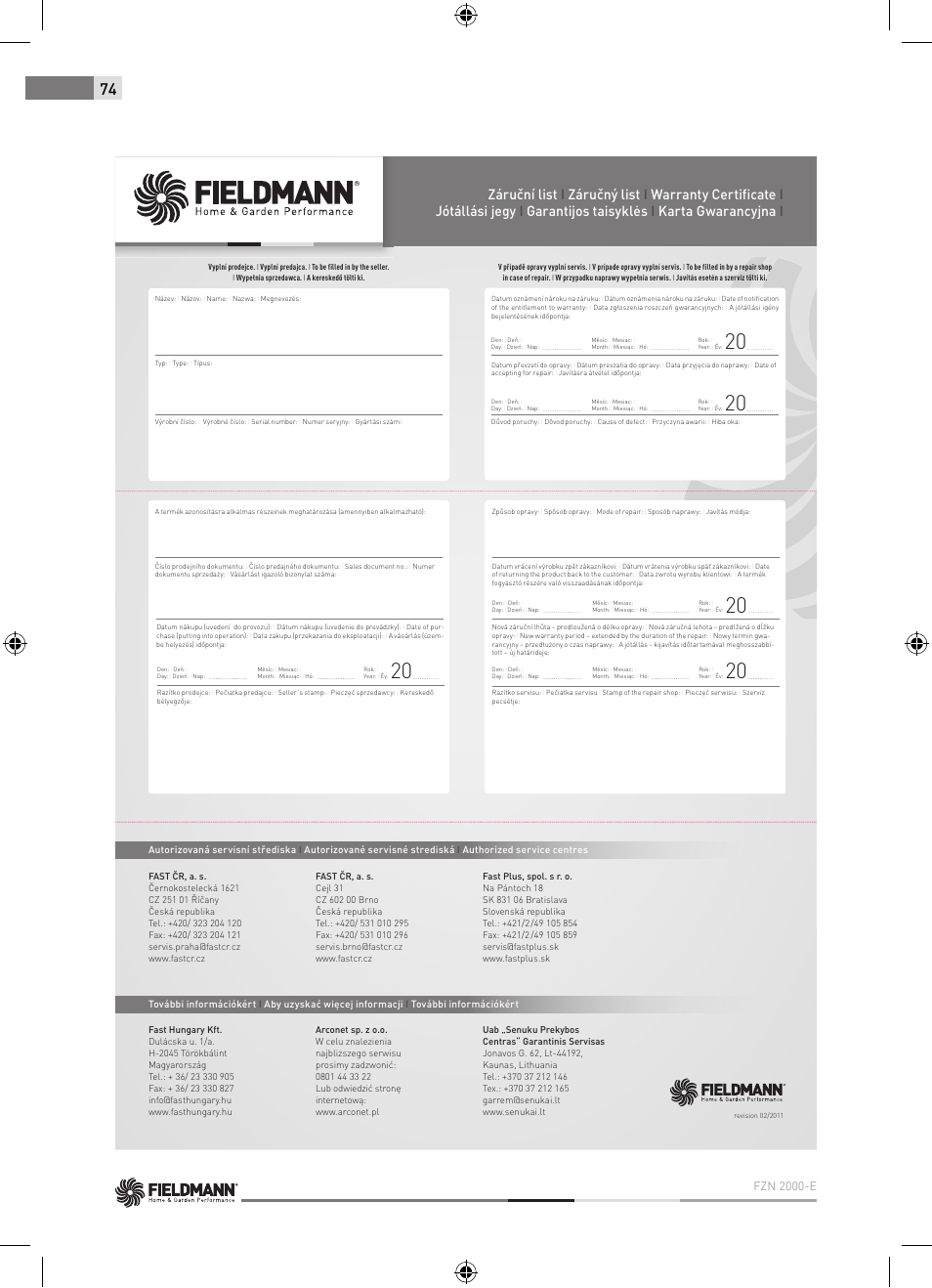 Fzn 2000-e | Fieldmann FZN 2000-E User Manual | Page 74 / 76