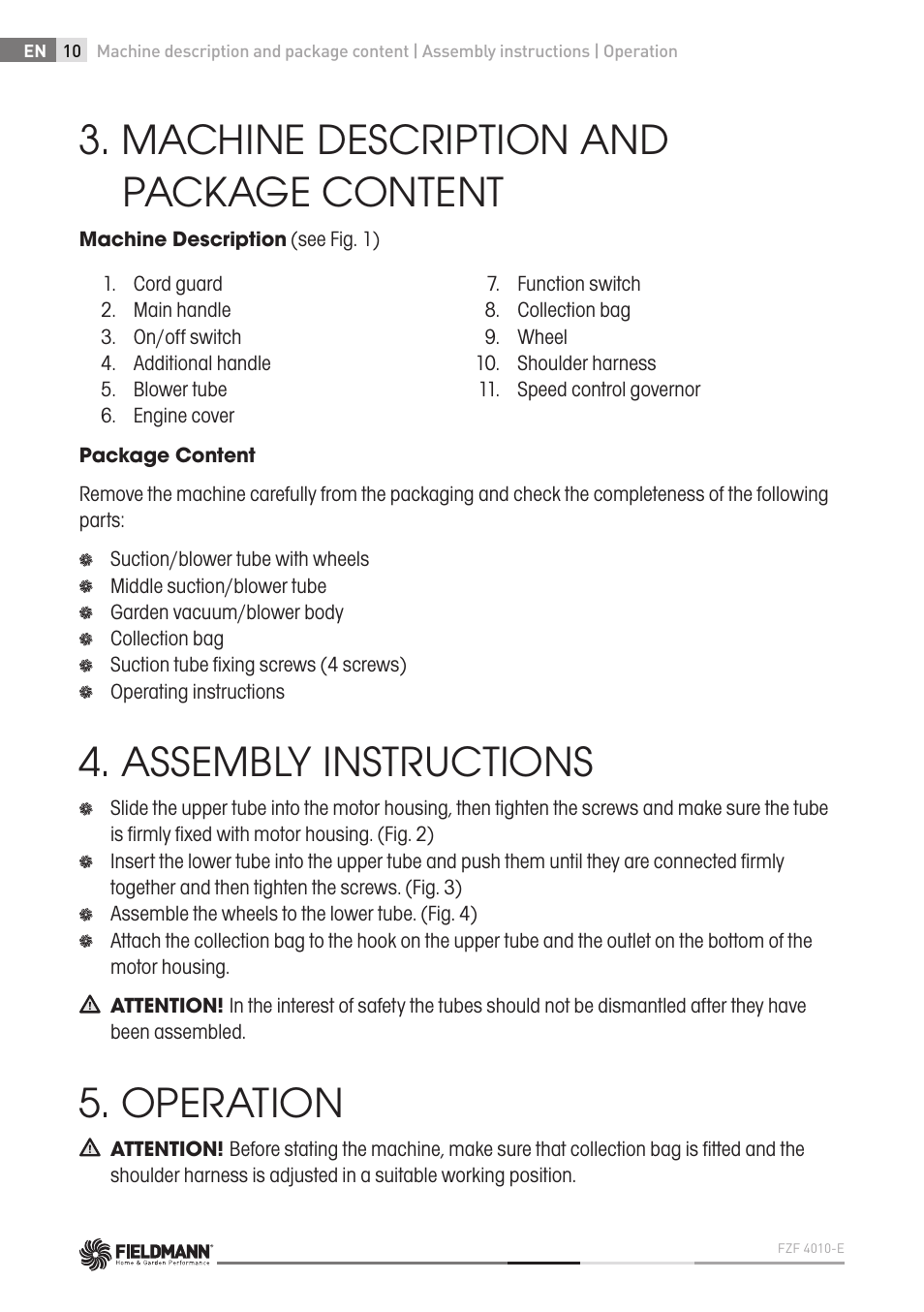 Machine description and package content, Assembly instructions, Operation | Fieldmann FZF 4010-E User Manual | Page 10 / 80