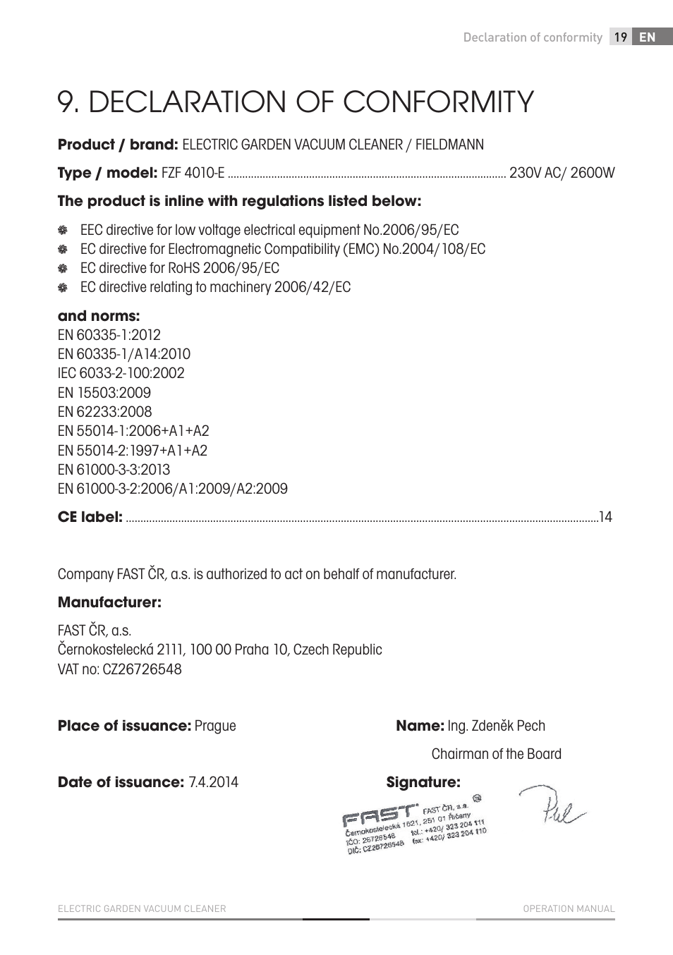 Declaration of conformity | Fieldmann FZF 4010-E User Manual | Page 19 / 80