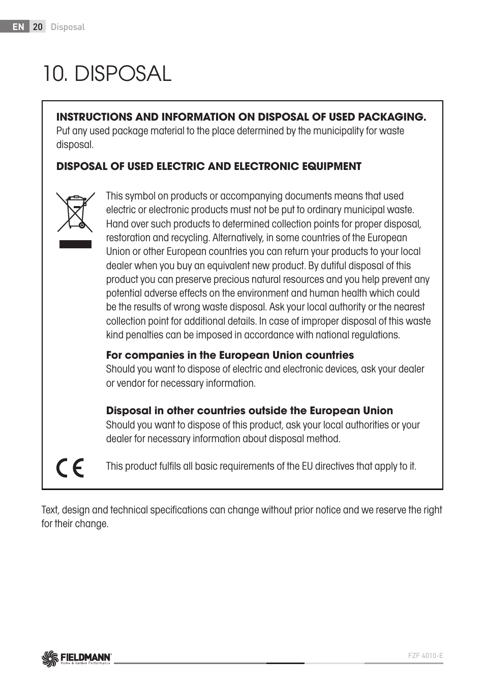 Disposal | Fieldmann FZF 4010-E User Manual | Page 20 / 80