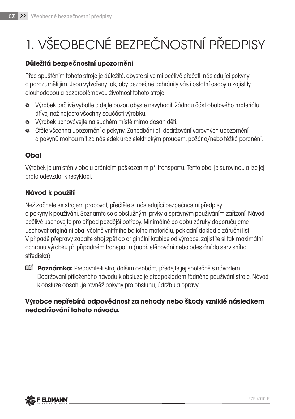 Všeobecné bezpečnostní předpisy | Fieldmann FZF 4010-E User Manual | Page 22 / 80