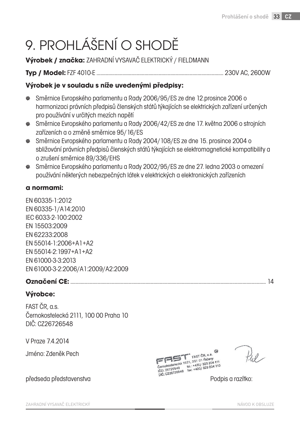 Prohlášení o shodě | Fieldmann FZF 4010-E User Manual | Page 33 / 80