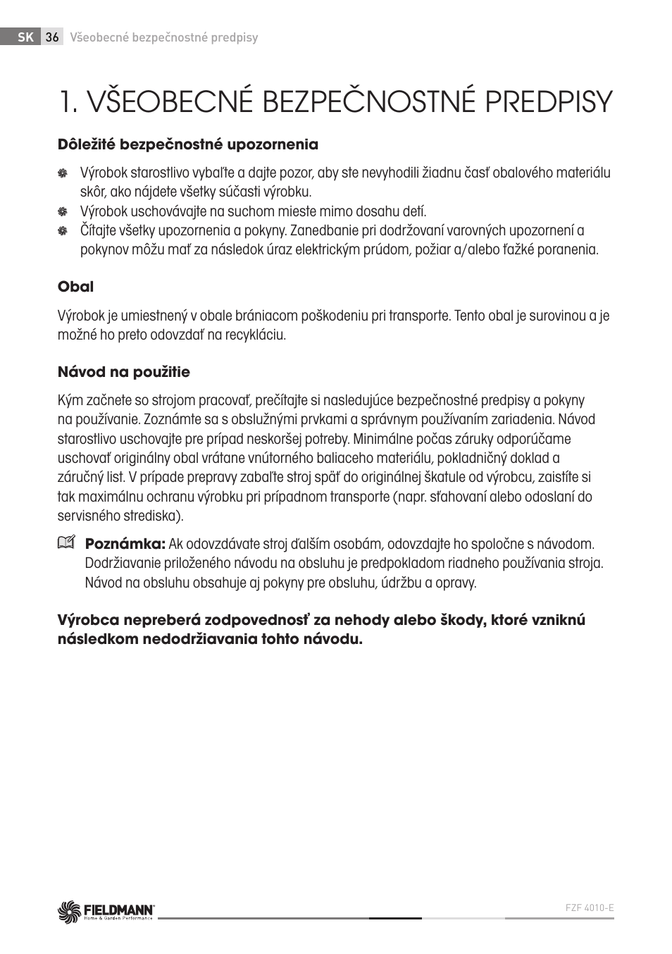 Všeobecné bezpečnostné predpisy | Fieldmann FZF 4010-E User Manual | Page 36 / 80