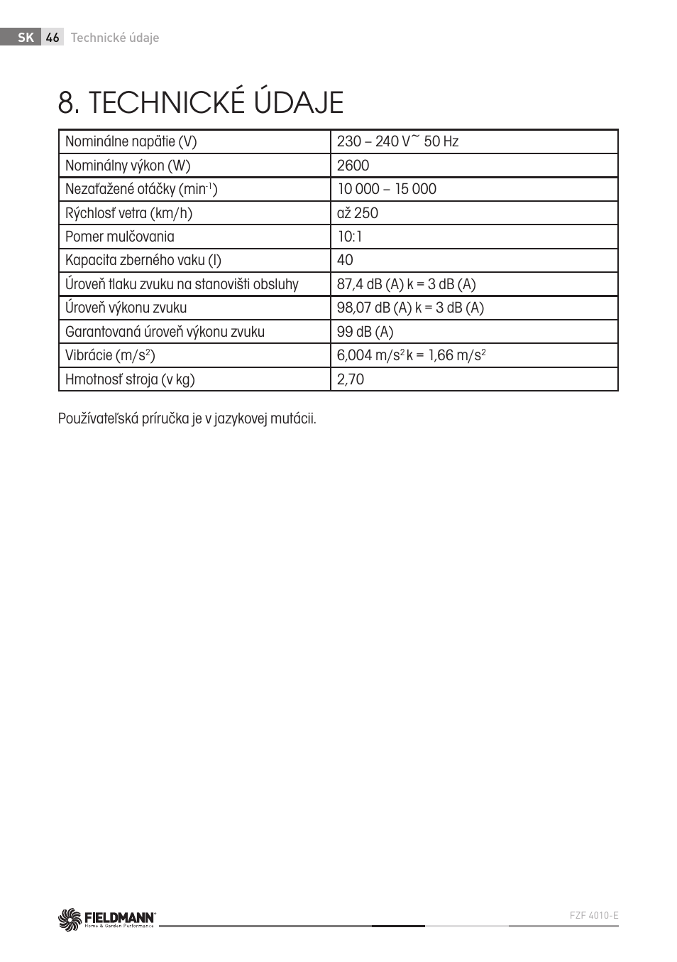 Technické údaje | Fieldmann FZF 4010-E User Manual | Page 46 / 80