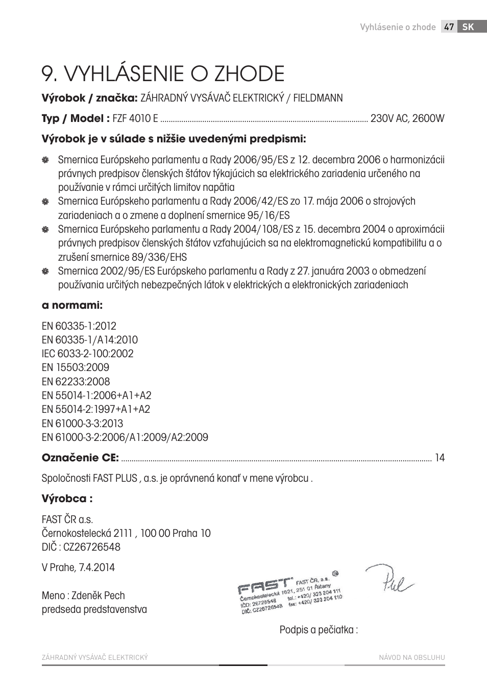 Vyhlásenie o zhode | Fieldmann FZF 4010-E User Manual | Page 47 / 80