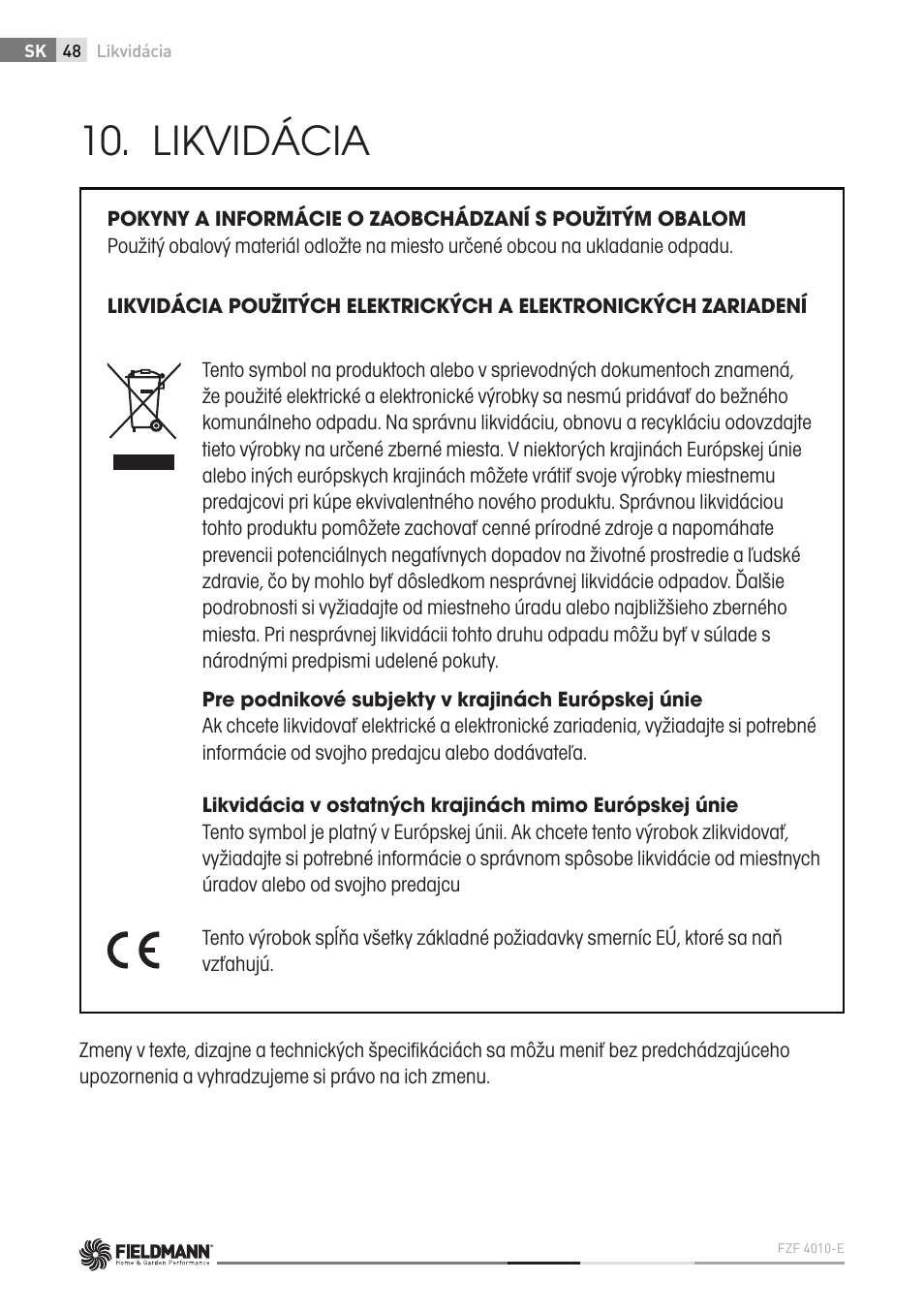 Likvidácia | Fieldmann FZF 4010-E User Manual | Page 48 / 80
