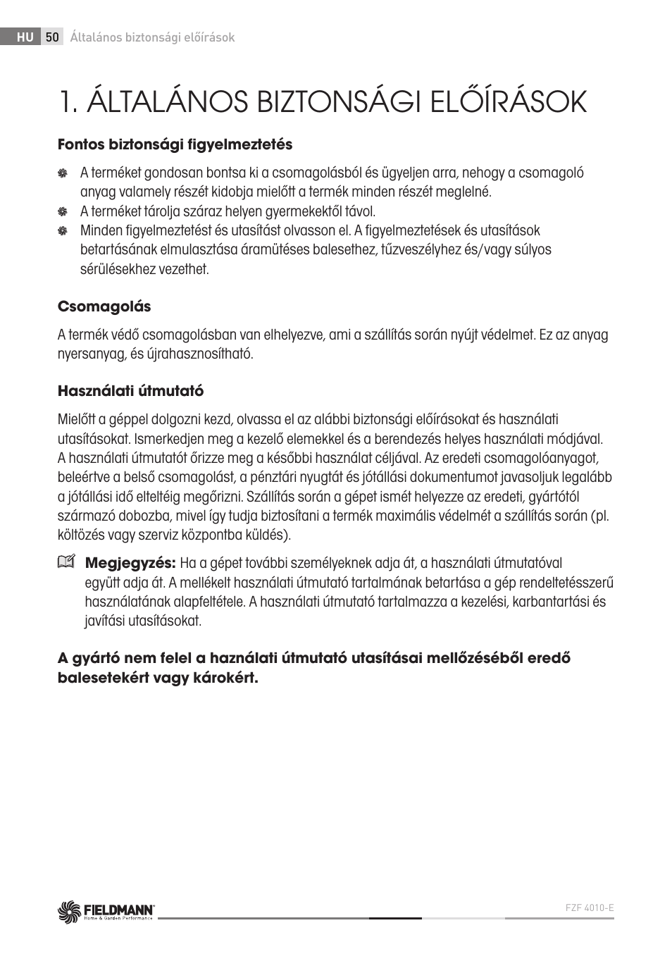 Általános biztonsági előírások | Fieldmann FZF 4010-E User Manual | Page 50 / 80