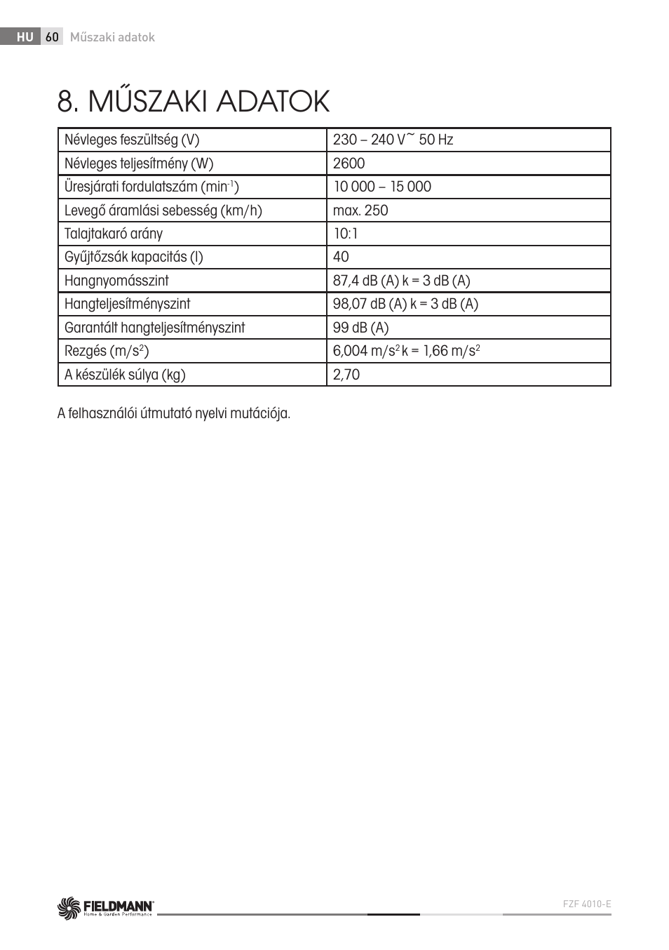 Műszaki adatok | Fieldmann FZF 4010-E User Manual | Page 60 / 80