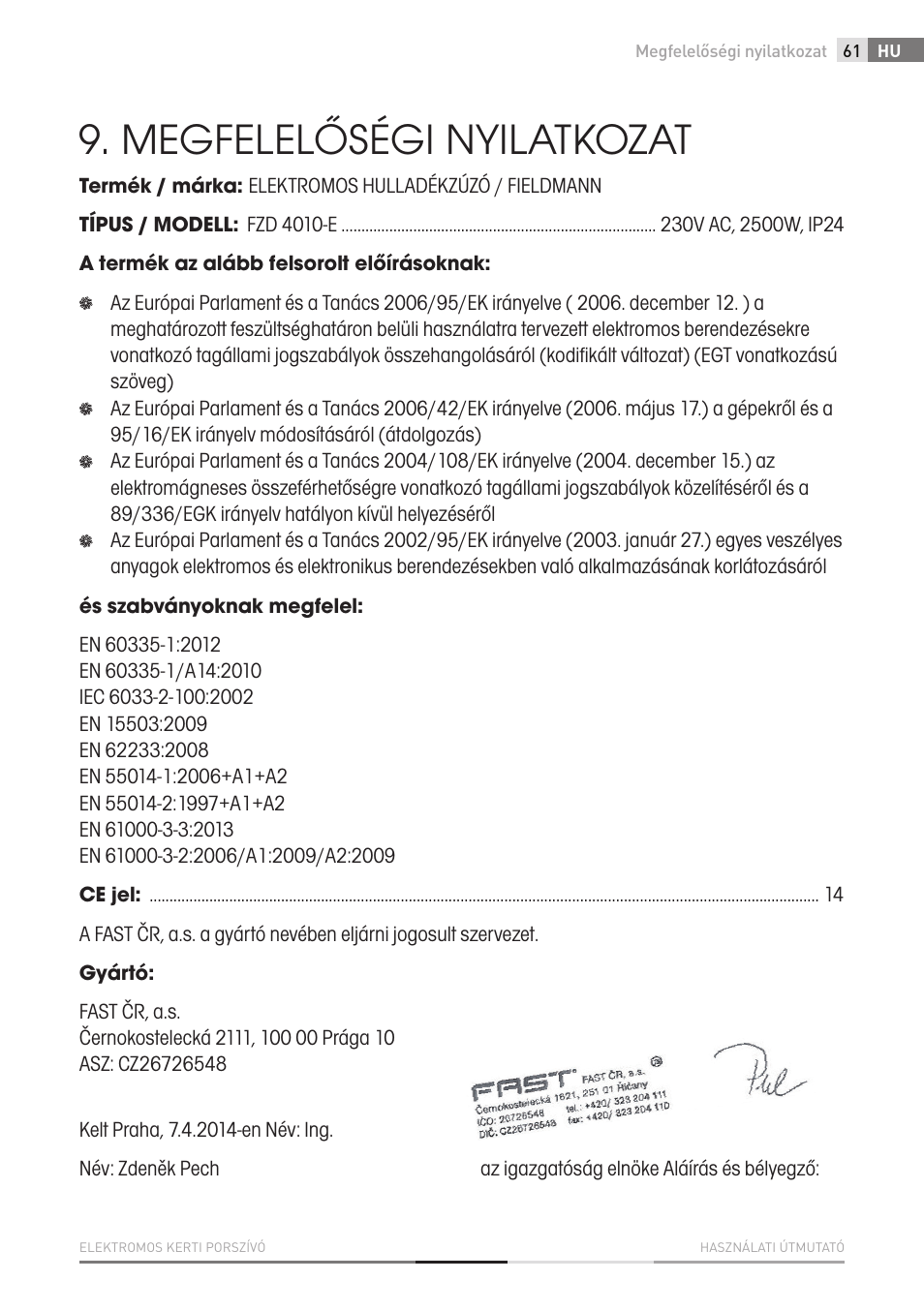 Megfelelőségi nyilatkozat | Fieldmann FZF 4010-E User Manual | Page 61 / 80