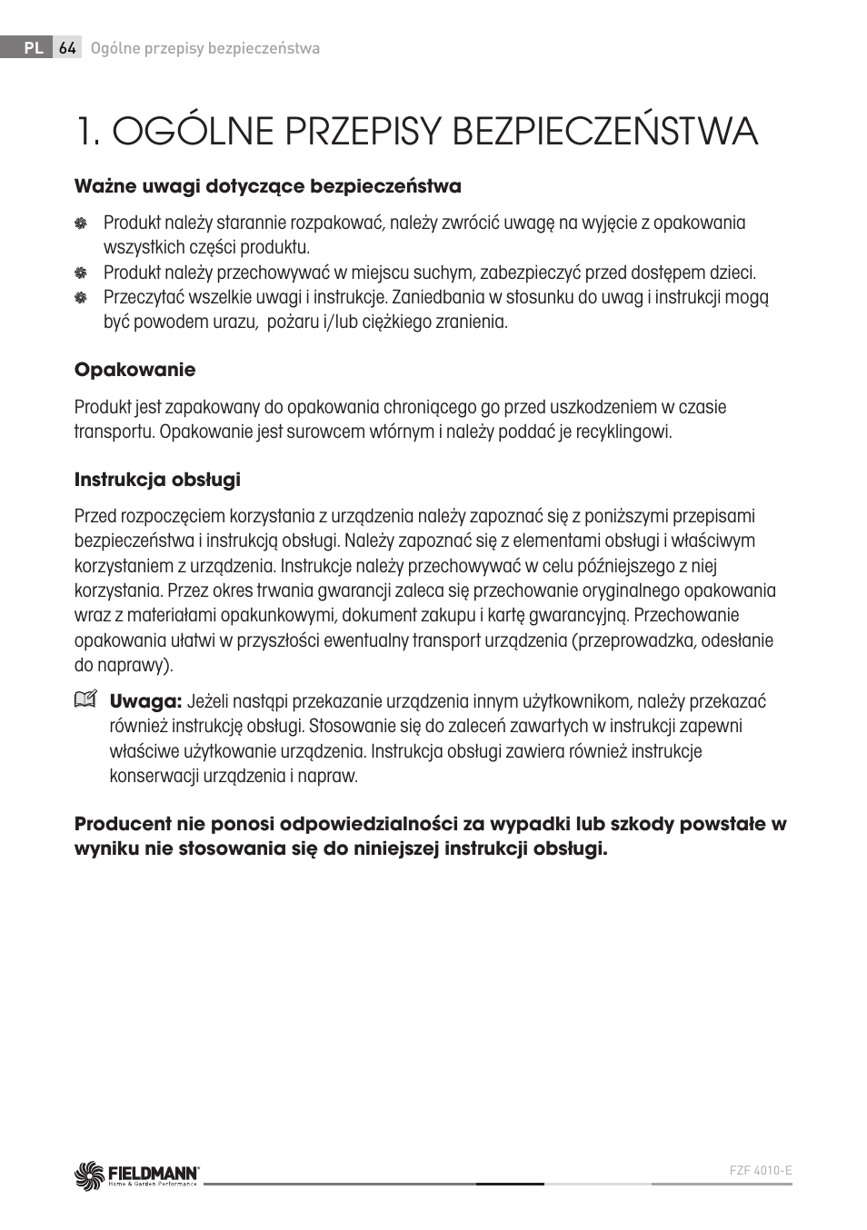 Ogólne przepisy bezpieczeństwa | Fieldmann FZF 4010-E User Manual | Page 64 / 80