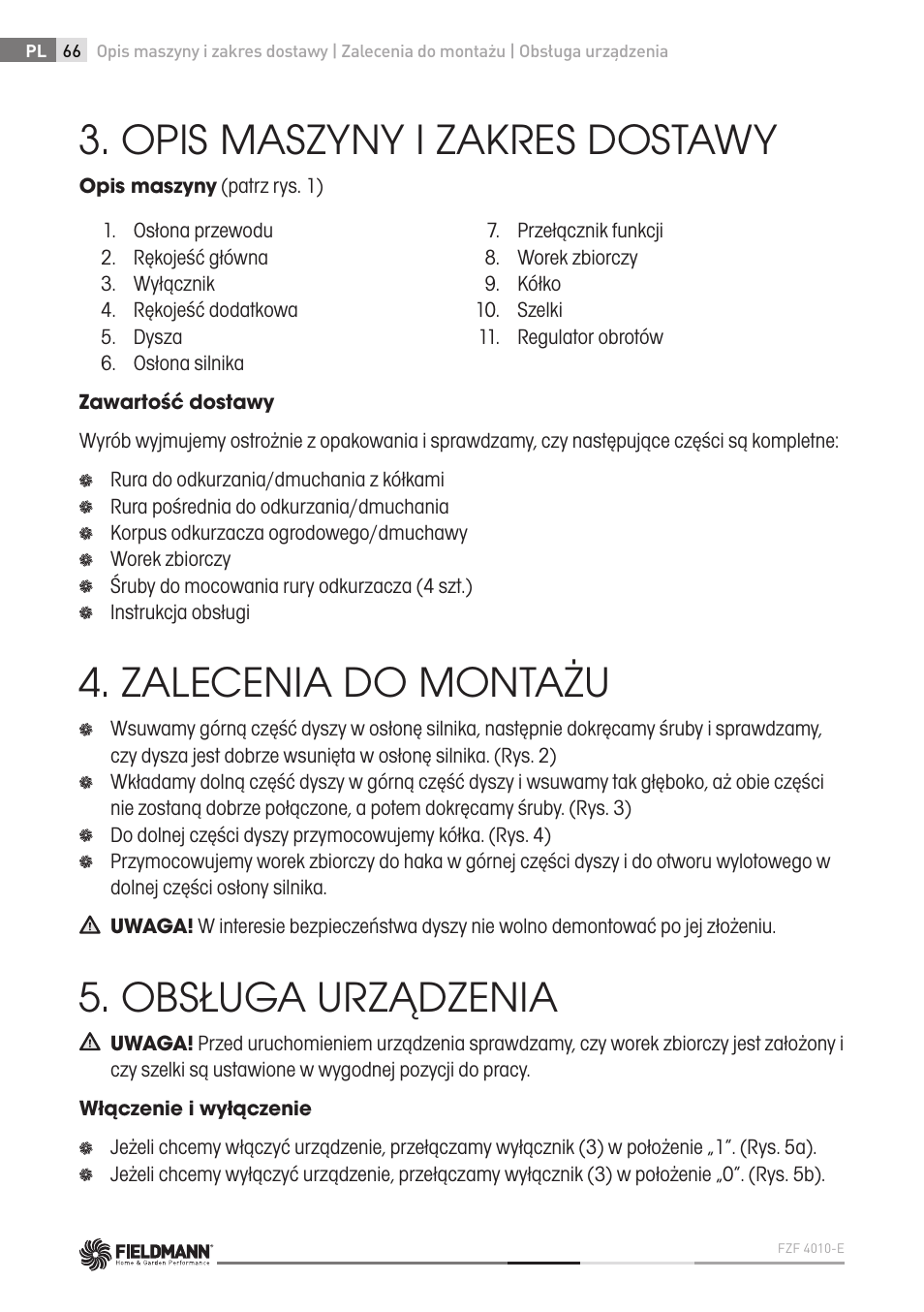 Opis maszyny i zakres dostawy, Zalecenia do montażu, Obsługa urządzenia | Fieldmann FZF 4010-E User Manual | Page 66 / 80