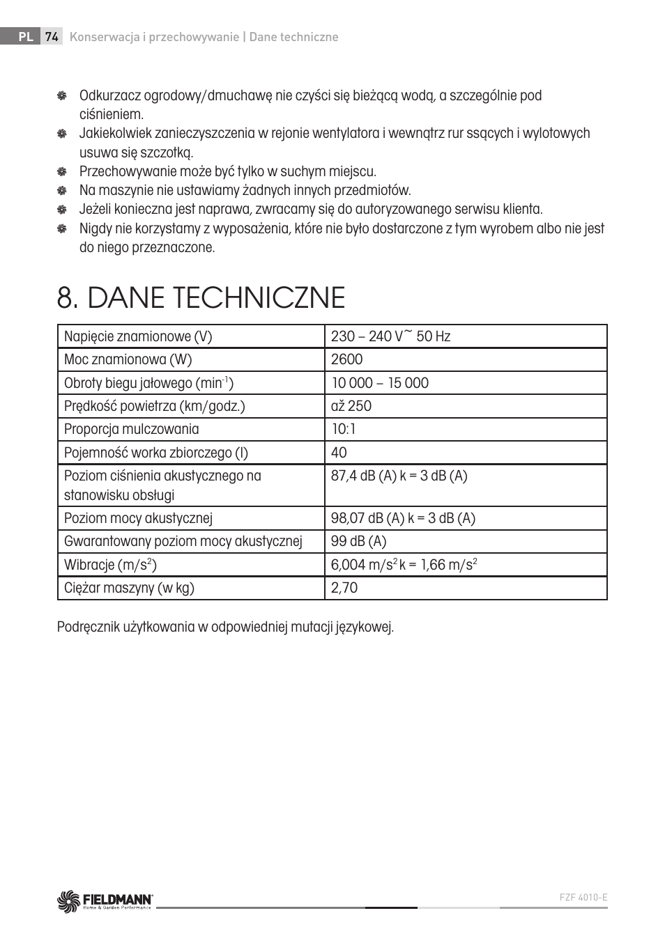 Dane techniczne | Fieldmann FZF 4010-E User Manual | Page 74 / 80