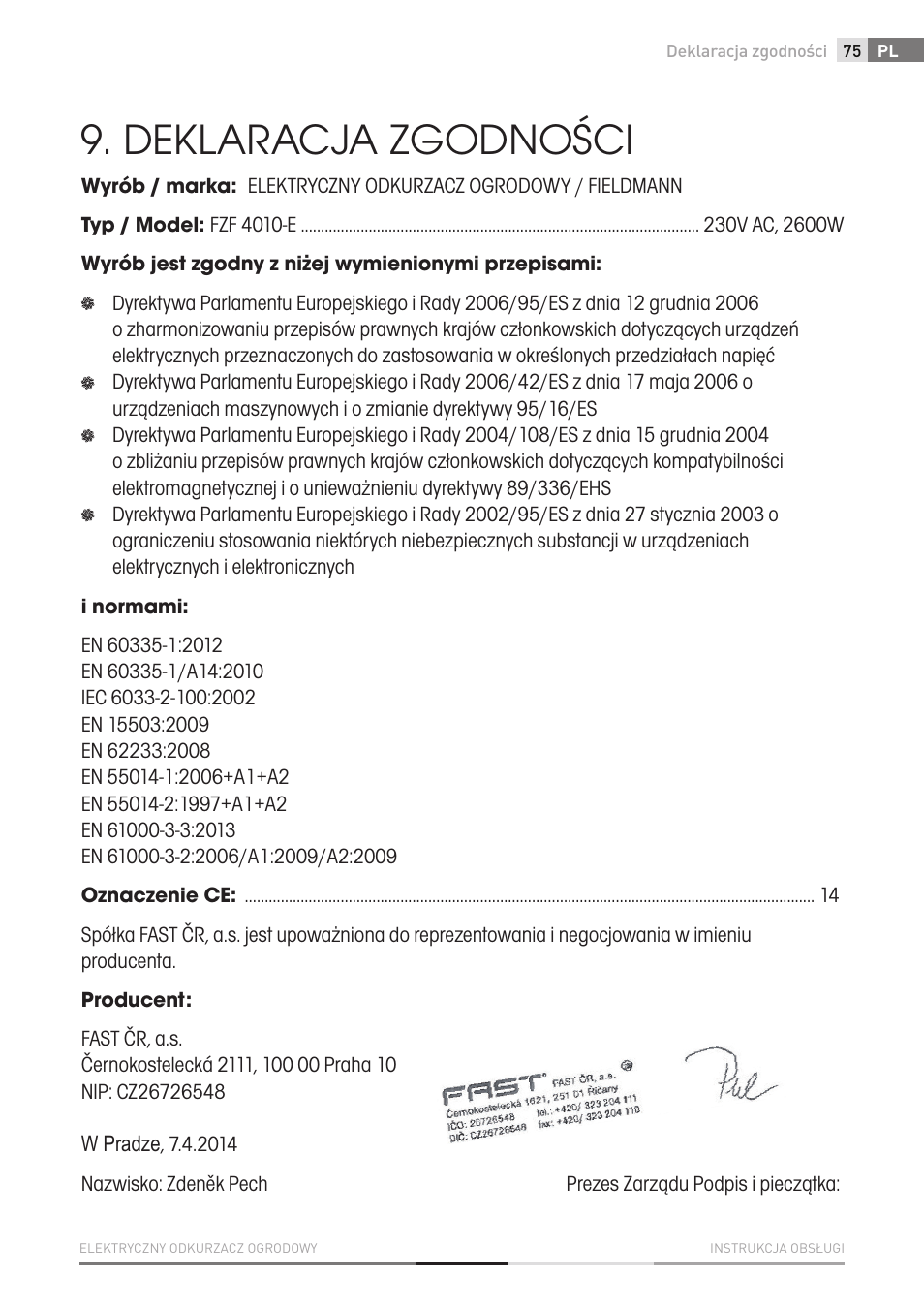 Deklaracja zgodności | Fieldmann FZF 4010-E User Manual | Page 75 / 80