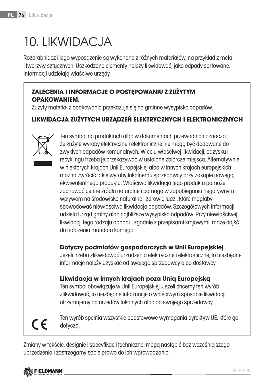Likwidacja | Fieldmann FZF 4010-E User Manual | Page 76 / 80