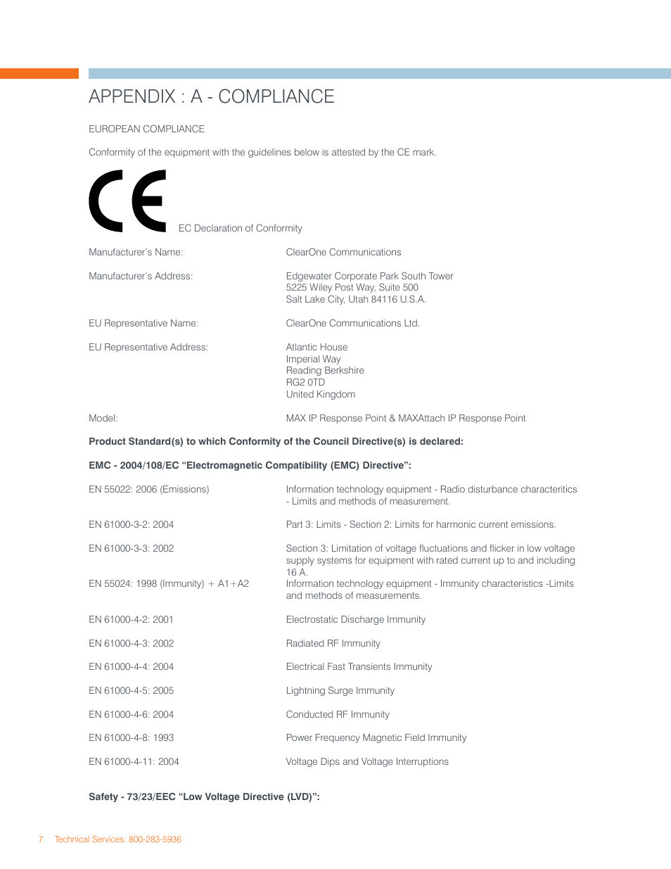 Appendix : a - compliance | ClearOne MAX IP Response Point User Manual | Page 11 / 12