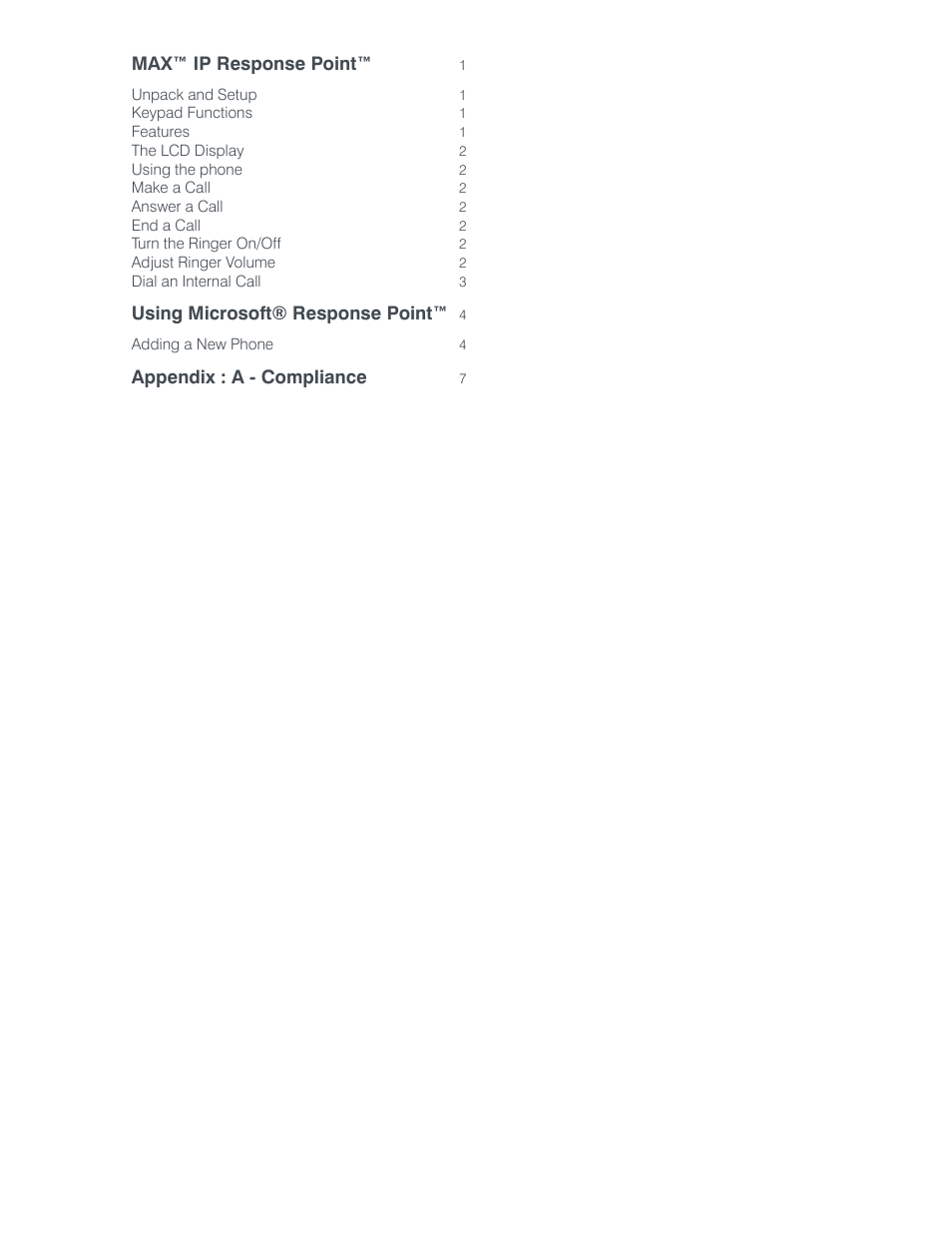 Max™ ip response point, Using microsoft® response point, Appendix : a - compliance | ClearOne MAX IP Response Point User Manual | Page 3 / 12