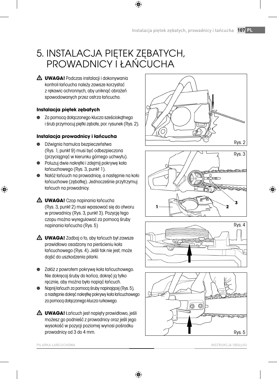 Instalacja piętek zębatych, prowadnicy i łańcucha | Fieldmann FZP 4516-B User Manual | Page 107 / 156