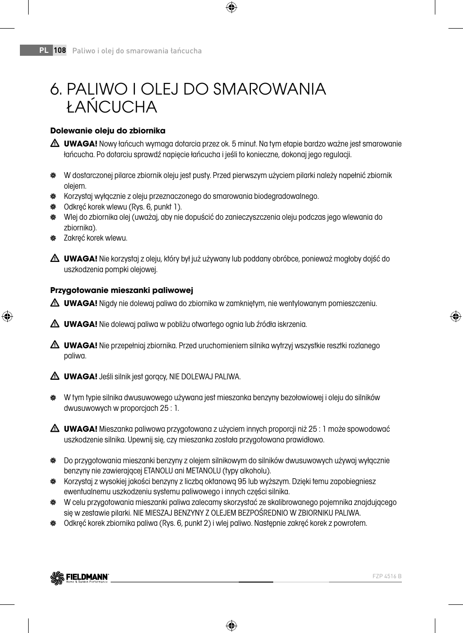 Paliwo i olej do smarowania łańcucha | Fieldmann FZP 4516-B User Manual | Page 108 / 156