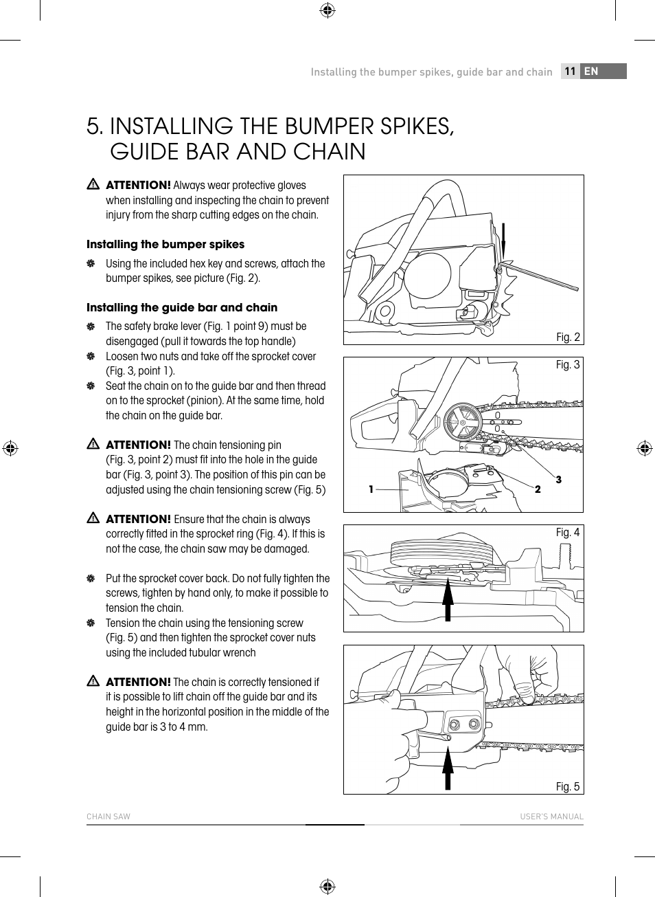 Installing the bumper spikes, guide bar and chain | Fieldmann FZP 4516-B User Manual | Page 11 / 156