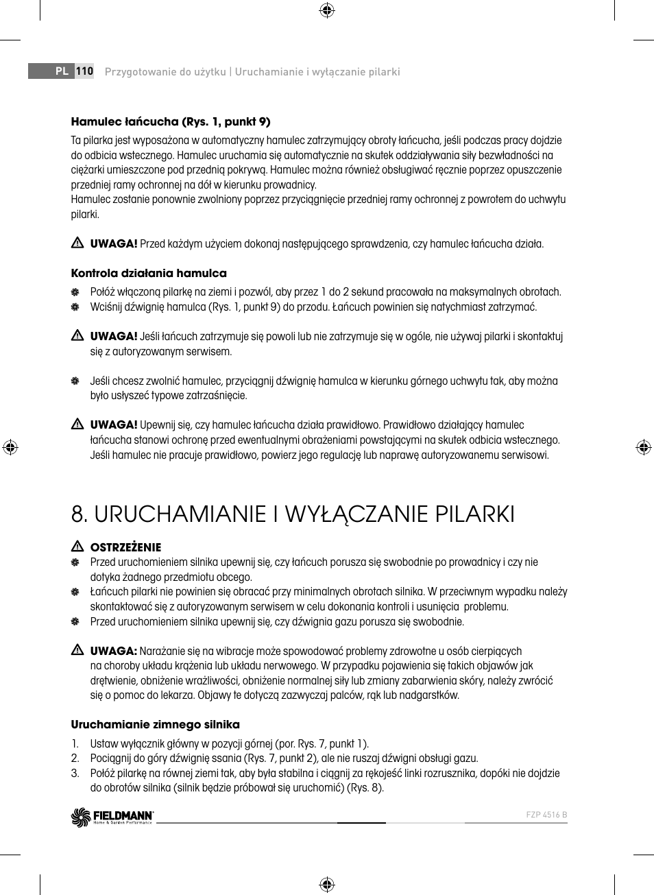 Uruchamianie i wyłączanie pilarki | Fieldmann FZP 4516-B User Manual | Page 110 / 156