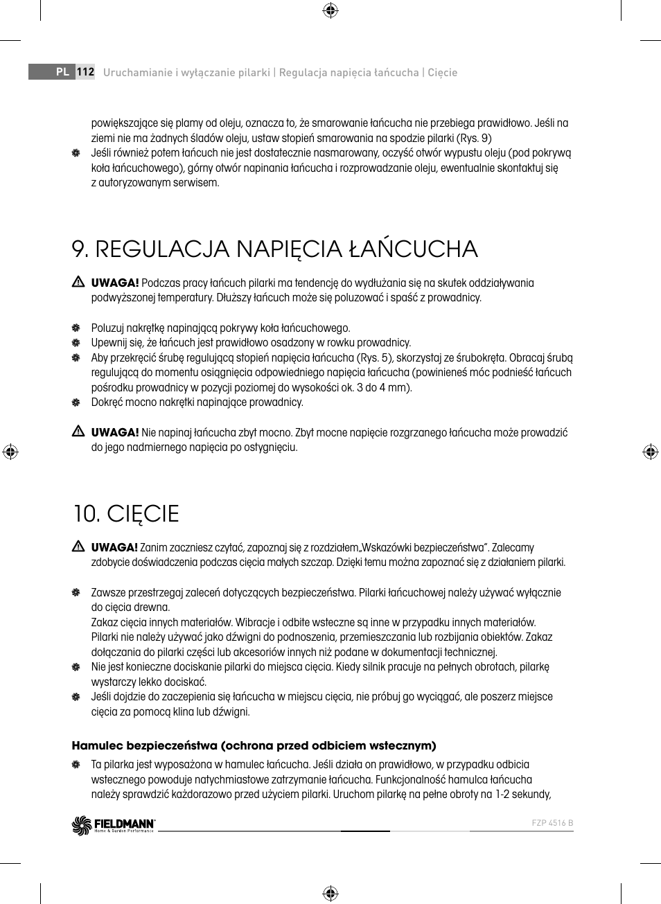 Regulacja napięcia łańcucha, Cięcie | Fieldmann FZP 4516-B User Manual | Page 112 / 156