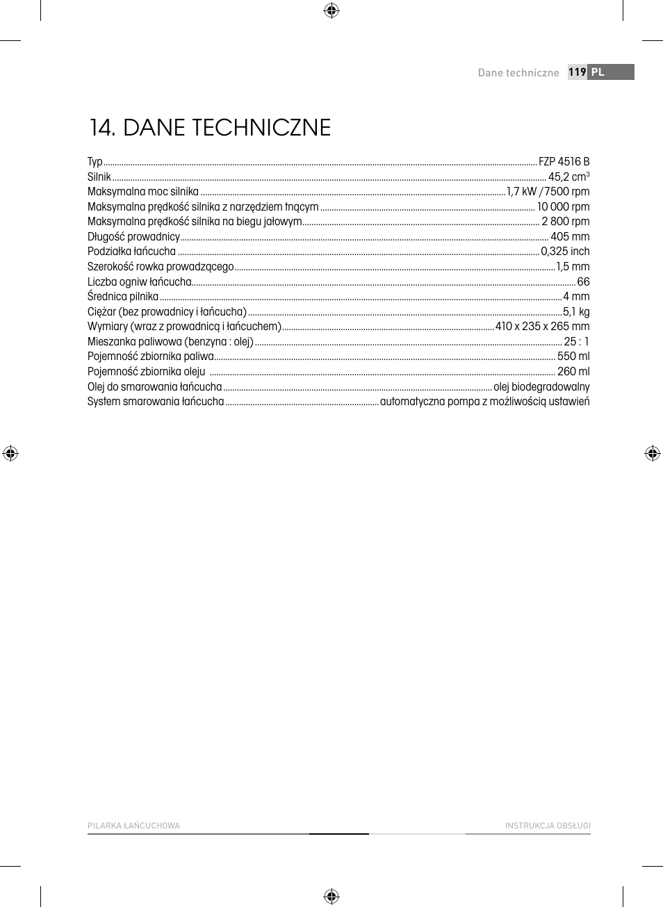 Dane techniczne | Fieldmann FZP 4516-B User Manual | Page 119 / 156